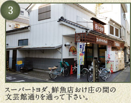 スーパートヨダ、鮮魚店おけ庄の間の文芸館通りを通って下さい。